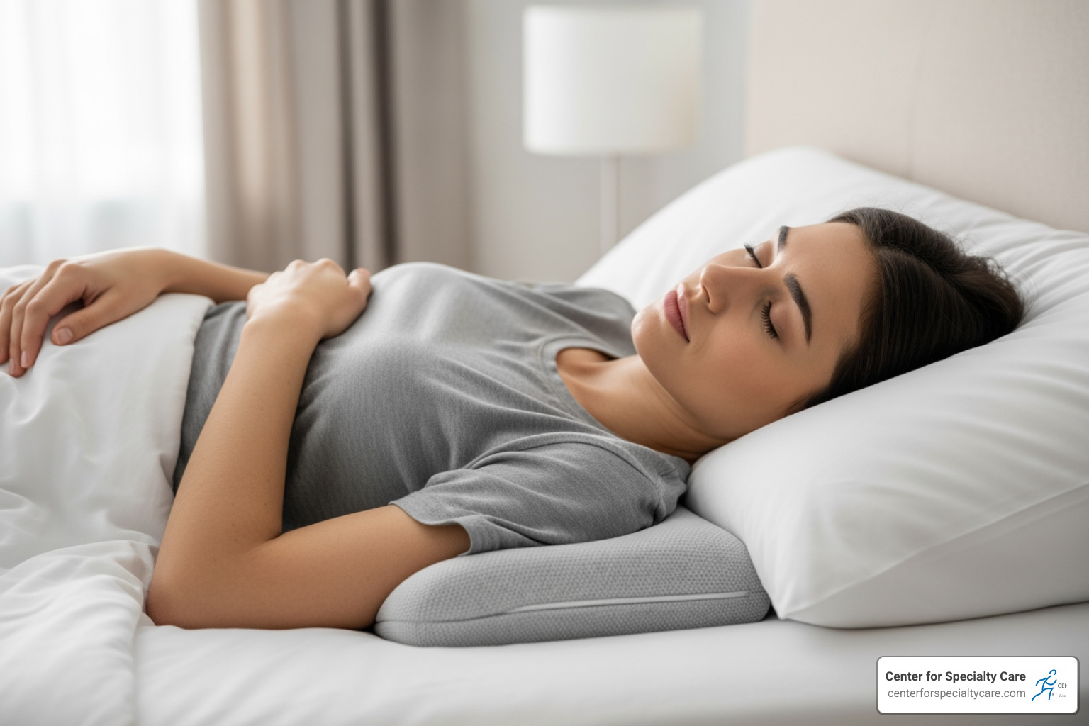 person sleeping on their back with a supportive pillow under their arm - hurt rotator cuff while sleeping