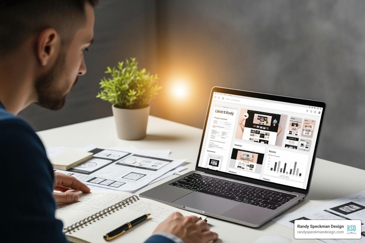 A web designer crafting a compelling case study for a client project, showcasing their expertise and the tangible results achieved through their work - link building for web design agencies