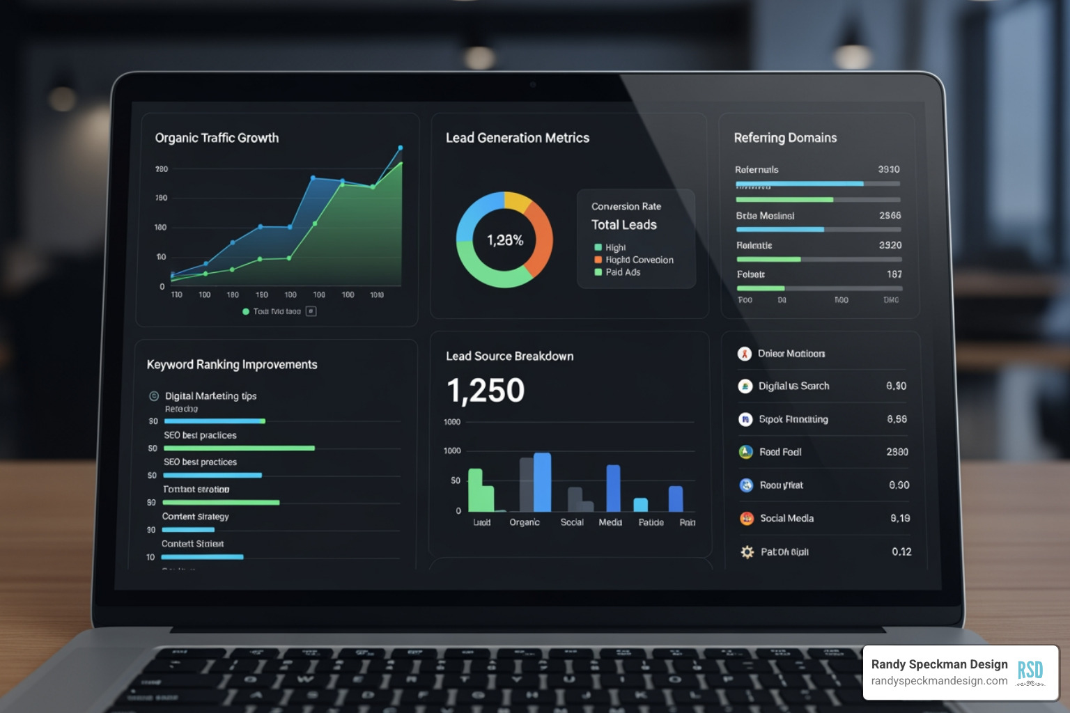 A dashboard showing organic traffic, keyword rankings, referring domains, and leads - link building for web design agencies