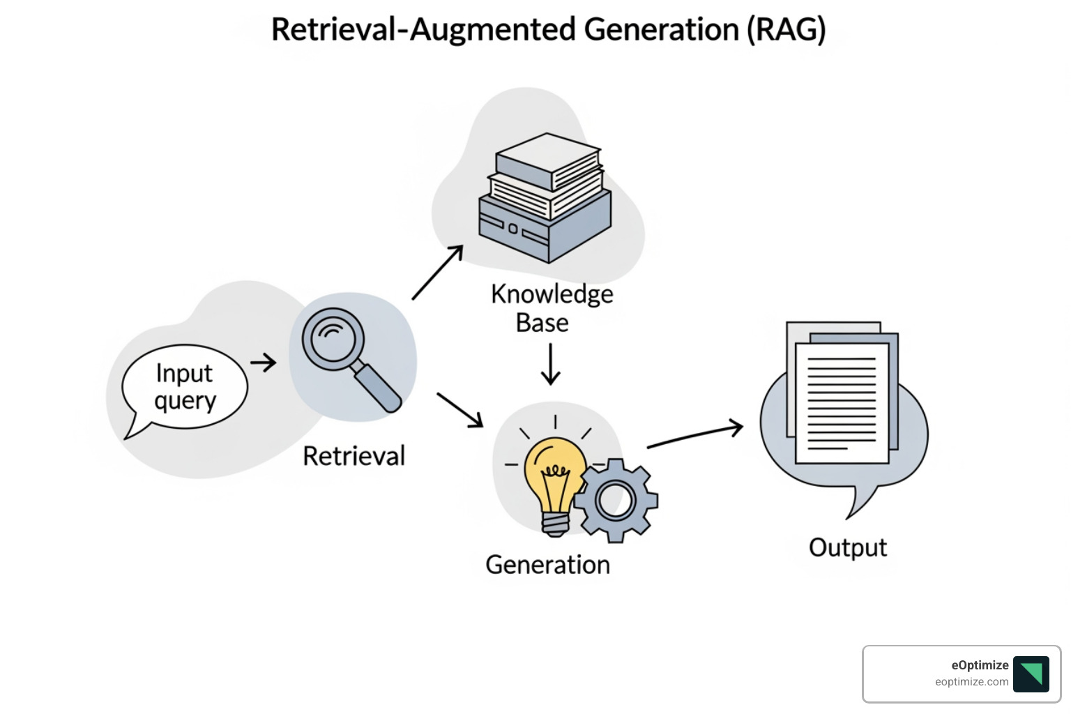 Diagram of a Retrieval-Augmented Generation (RAG) system showing query, retrieval from knowledge base, and generation by LLM - technical SEO AI