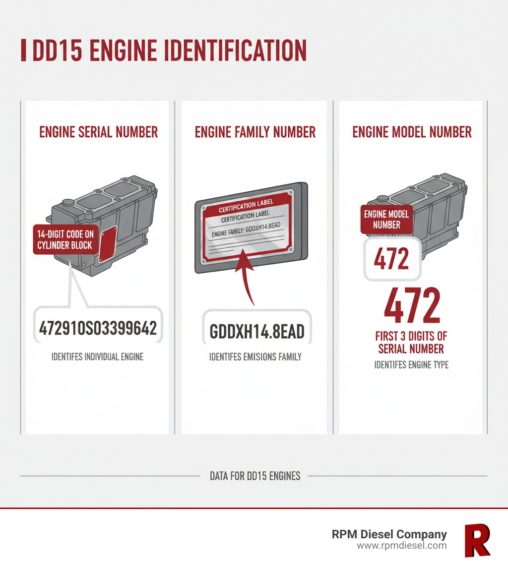 Infographic explaining the difference between an Engine Serial Number, Model Number, and Engine Family Number for a DD15 engine. The Engine Serial Number is a 14-digit code on the cylinder block (e.g., 472910S0399642) that identifies an individual engine. The Engine Family Number is an alphanumeric code on the certification label (e.g., GDDXH14.8EAD) that identifies the emissions family. The Engine Model Number is the first 3 digits of the serial number (e.g., 472) and identifies the engine type. - dd15 engine family number infographic Infographic explaining the difference between an Engine Serial Number, Model Number, and Engine Family Number for a DD15 engine. The Engine Serial Number is a 14-digit code on the cylinder block (e.g., 472910S0399642) that identifies an individual engine. The Engine Family Number is an alphanumeric code on the certification label (e.g., GDDXH14.8EAD) that identifies the emissions family. The Engine Model Number is the first 3 digits of the serial number (e.g., 472) and identifies the engine type. - dd15 engine family number infographic