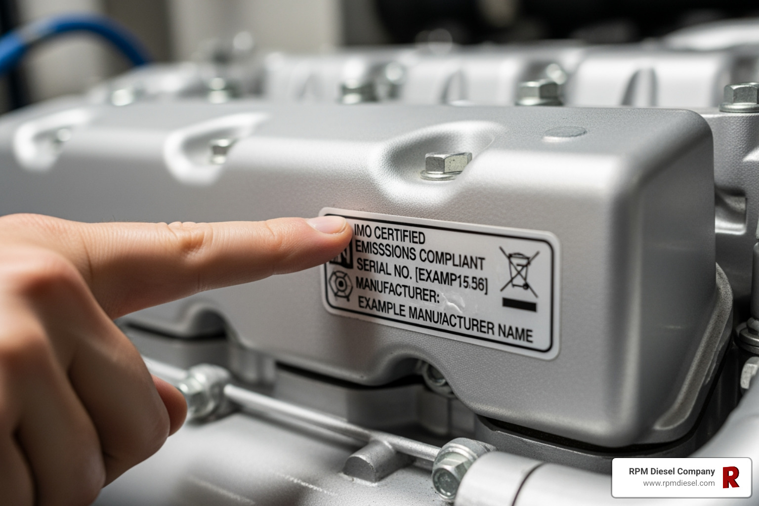 A close-up image of a person's finger pointing to the engine certification label on the rocker cover (valve cover) of a Detroit DD15 marine diesel engine, with the label showing visible text. - dd15 engine family number A close-up image of a person's finger pointing to the engine certification label on the rocker cover (valve cover) of a Detroit DD15 marine diesel engine, with the label showing visible text. - dd15 engine family number