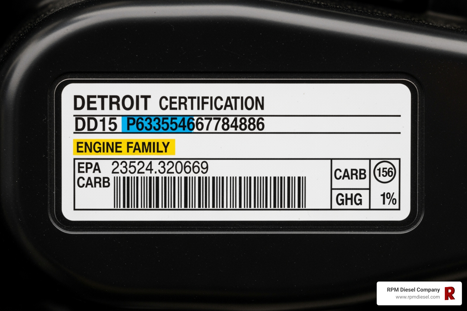 An image of a Detroit DD15 engine certification label with the "Engine Family" line highlighted. The label shows various regulatory information including EPA, CARB, and GHG standards, and the specific engine family number. - dd15 engine family number An image of a Detroit DD15 engine certification label with the "Engine Family" line highlighted. The label shows various regulatory information including EPA, CARB, and GHG standards, and the specific engine family number. - dd15 engine family number
