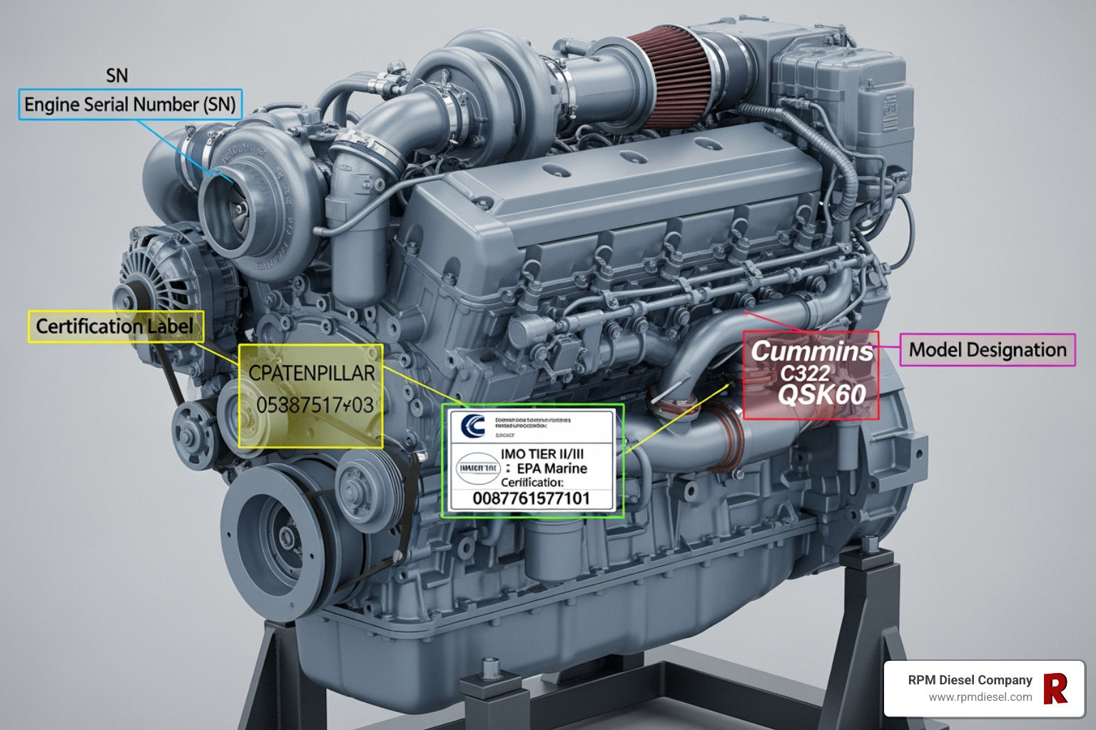 A diagram illustrating the locations and distinctions between the Engine Serial Number (ESN) etched on the block, the Engine Family Number on the certification label, and the general Engine Model Number (DD15). - dd15 engine family number A diagram illustrating the locations and distinctions between the Engine Serial Number (ESN) etched on the block, the Engine Family Number on the certification label, and the general Engine Model Number (DD15). - dd15 engine family number
