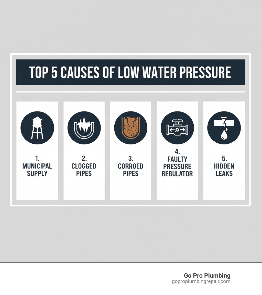 Infographic showing the top 5 causes of low water pressure: municipal supply issues with water tower icon, clogged pipes with mineral buildup illustration, corroded galvanized pipes cross-section, faulty pressure regulator valve diagram, and hidden leaks with dripping pipe icon - low water pressure solutions infographic 