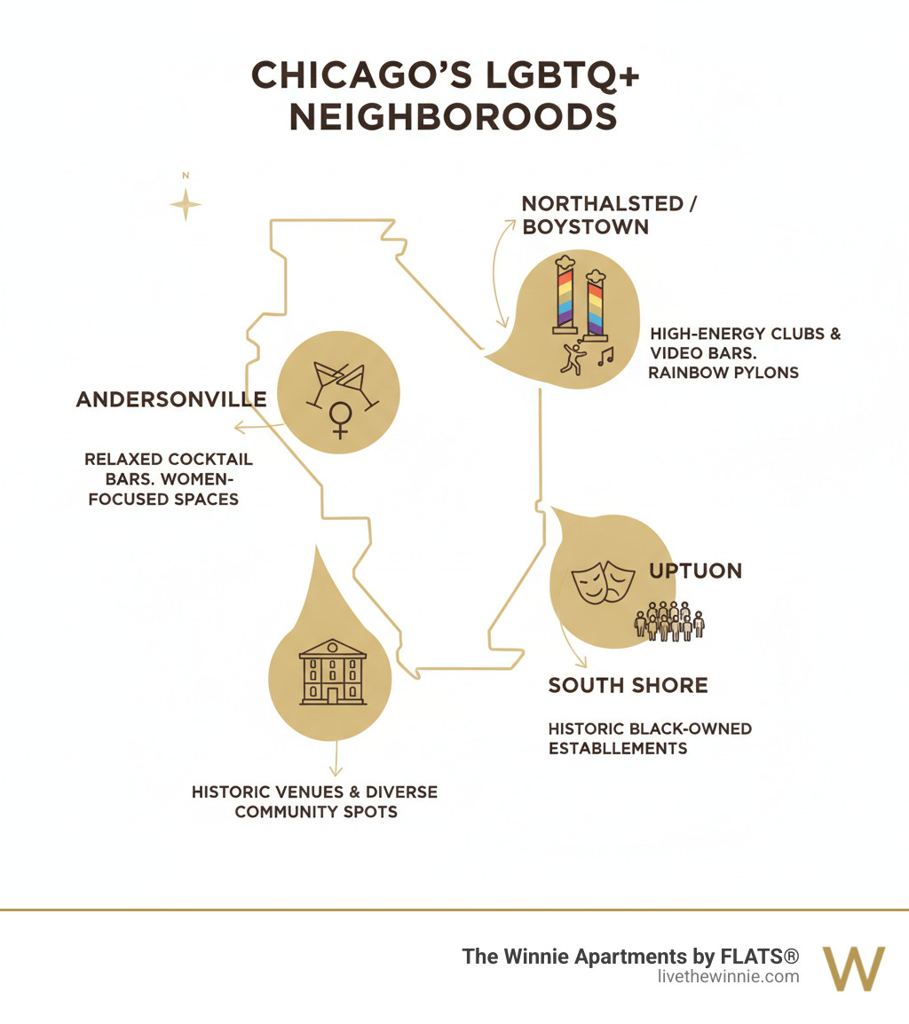 Infographic showing Chicago's main LGBTQ+ neighborhoods: Northalsted/Boystown in the north with high-energy clubs and video bars marked by rainbow pylons; Andersonville to the northwest with relaxed cocktail bars and women-focused spaces; Uptown featuring historic venues and diverse community spots; and South Shore on the south side with historic Black-owned establishments. Each neighborhood labeled with its signature vibe and key characteristics. - gay bars in chicago infographic 