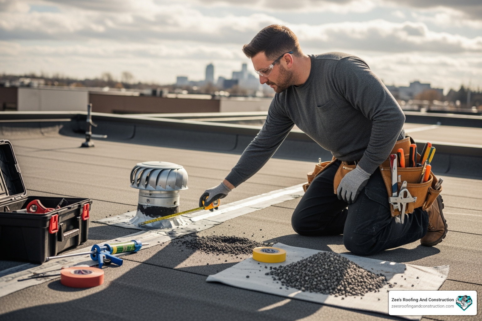roofing professional examining flashing on a commercial roof - multi family roof maintenance program