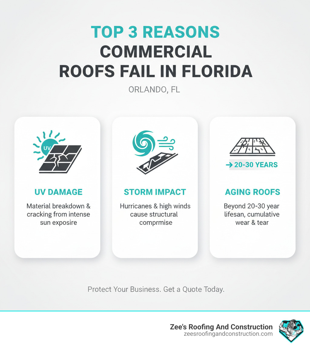 infographic showing the top 3 reasons commercial roofs fail in Florida: UV damage causing material breakdown and cracking, storm impact from hurricanes and high winds, and aging roofs beyond their 20-30 year lifespan with cumulative wear and tear - Commercial roof replacement Orlando infographic 