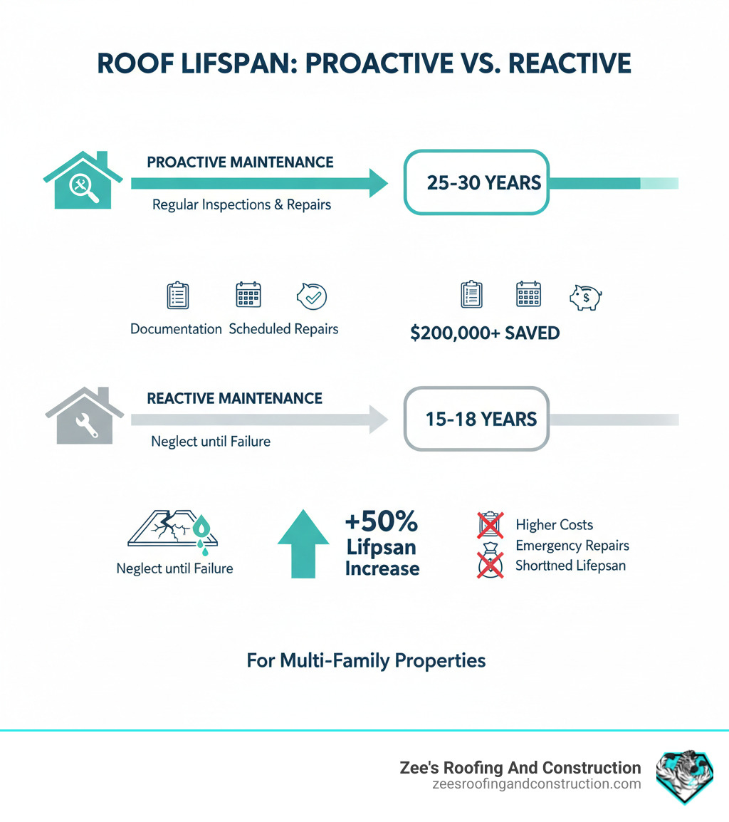 infographic showing proactive maintenance extending roof lifespan from 15-18 years to 25-30 years with regular inspections, documentation, scheduled repairs, and cost savings of $200,000+ over 30 years compared to reactive maintenance - multi family roof maintenance program infographic 