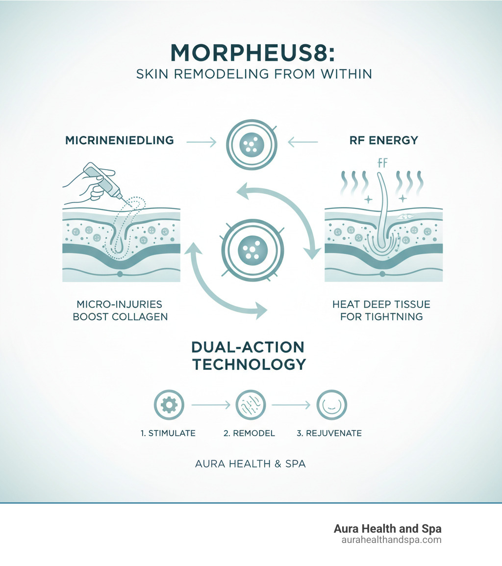 Infographic explaining how Morpheus8 at Aura Health & Spa combines microneedling and RF energy to remodel skin from within - morpheus skin treatment price infographic 