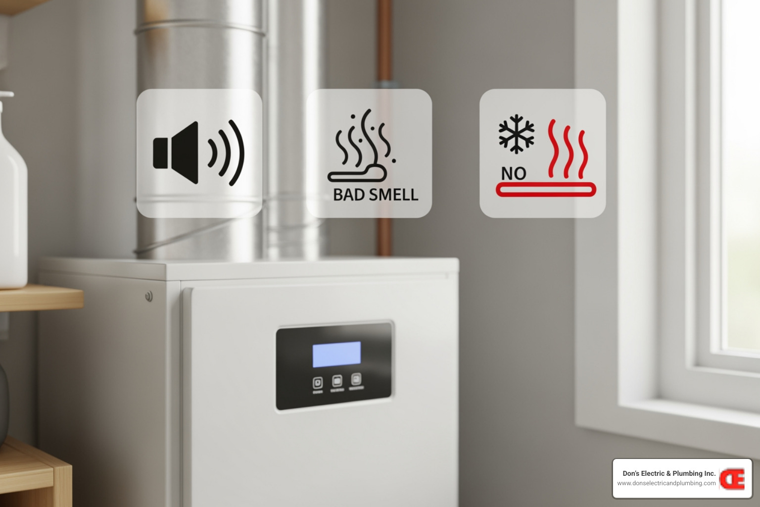 A furnace with warning icons for noise, smell, and no heat - 24 hour furnace repair broadalbin A furnace with warning icons for noise, smell, and no heat - 24 hour furnace repair broadalbin