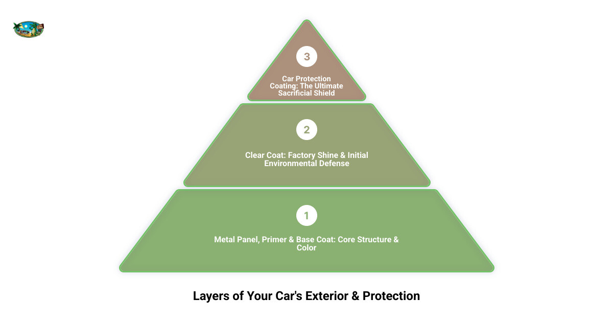 Infographic showing the layers of a car's exterior from bottom to top: metal panel at the base, primer layer, base coat containing the color pigment, clear coat for shine and initial protection, and car protection coating as the topmost sacrificial layer that bonds chemically to defend against UV rays, chemicals, scratches, and environmental contaminants - car protection coating infographic 3_stage_pyramid