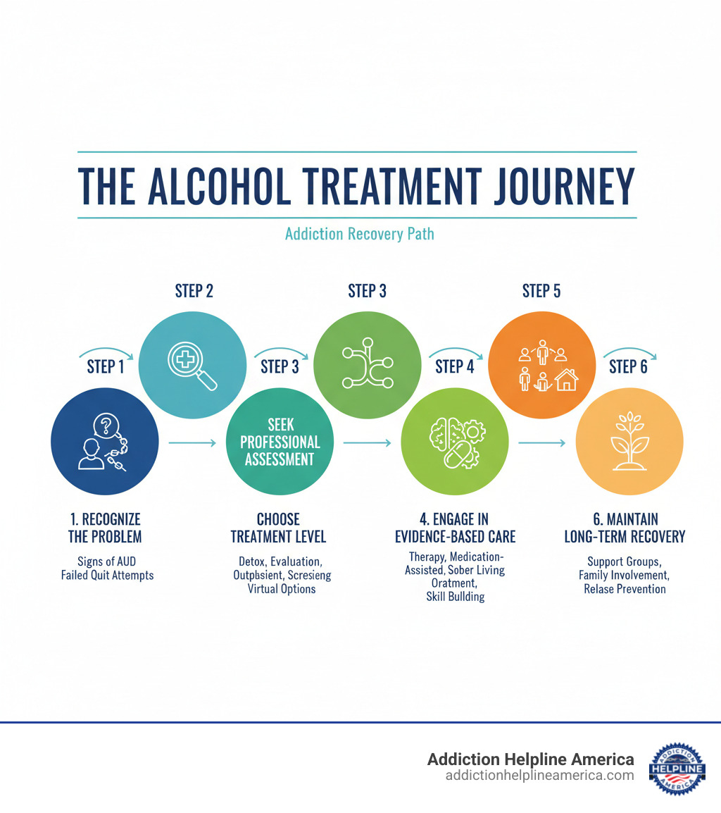 Infographic showing the alcohol treatment journey: Step 1 - Recognize the Problem (signs of AUD, failed quit attempts), Step 2 - Seek Professional Assessment (medical evaluation, mental health screening), Step 3 - Choose Treatment Level (detox, inpatient, outpatient, virtual options), Step 4 - Engage in Evidence-Based Care (therapy, medication-assisted treatment, skill building), Step 5 - Transition to Aftercare (alumni support, sober living, ongoing counseling), Step 6 - Maintain Long-Term Recovery (support groups, family involvement, relapse prevention) - alcohol treatment centers infographic Infographic showing the alcohol treatment journey: Step 1 - Recognize the Problem (signs of AUD, failed quit attempts), Step 2 - Seek Professional Assessment (medical evaluation, mental health screening), Step 3 - Choose Treatment Level (detox, inpatient, outpatient, virtual options), Step 4 - Engage in Evidence-Based Care (therapy, medication-assisted treatment, skill building), Step 5 - Transition to Aftercare (alumni support, sober living, ongoing counseling), Step 6 - Maintain Long-Term Recovery (support groups, family involvement, relapse prevention) - alcohol treatment centers infographic