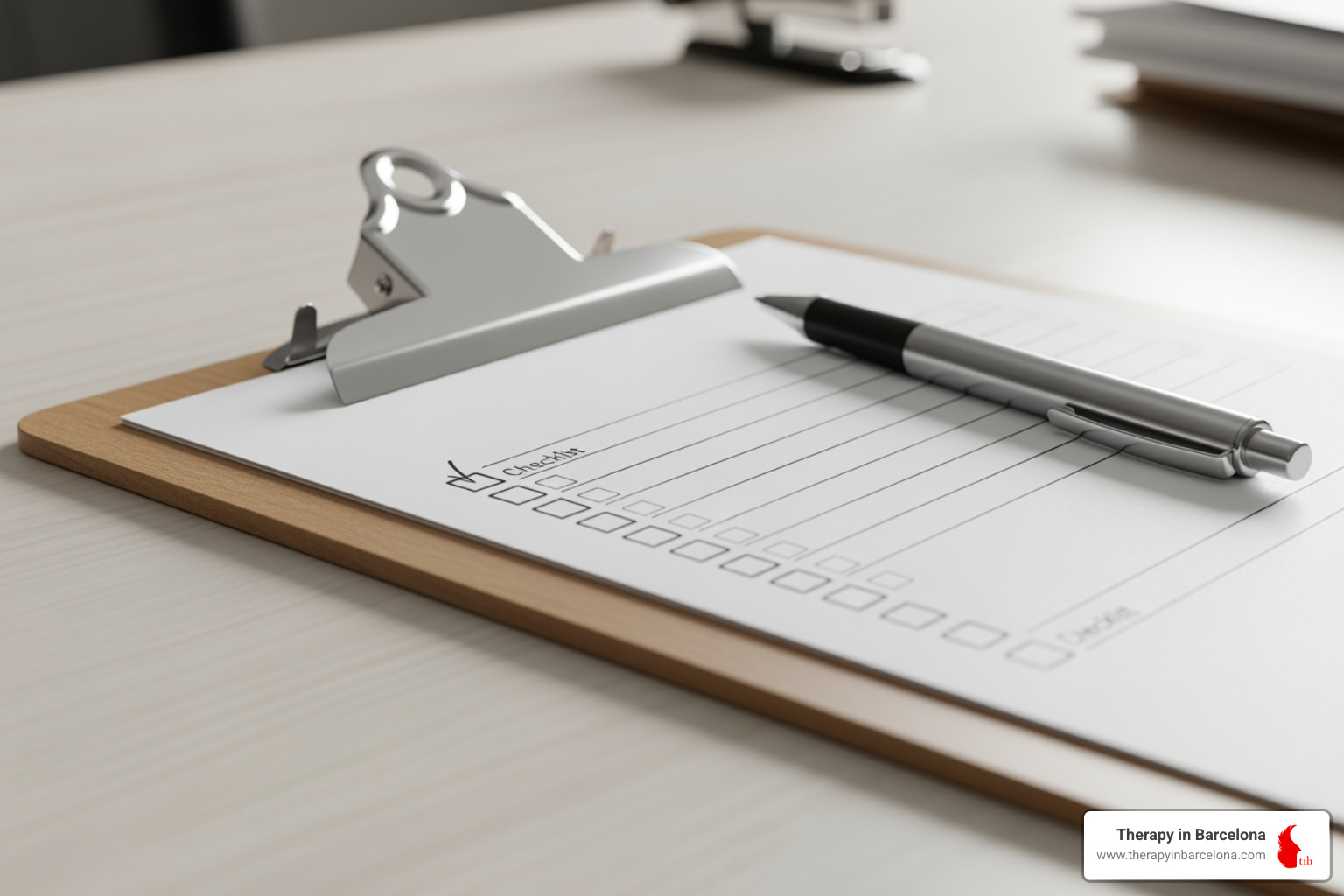 A clipboard with a checklist and a pen, representing a practical guide for moving. - american family moving to spain
