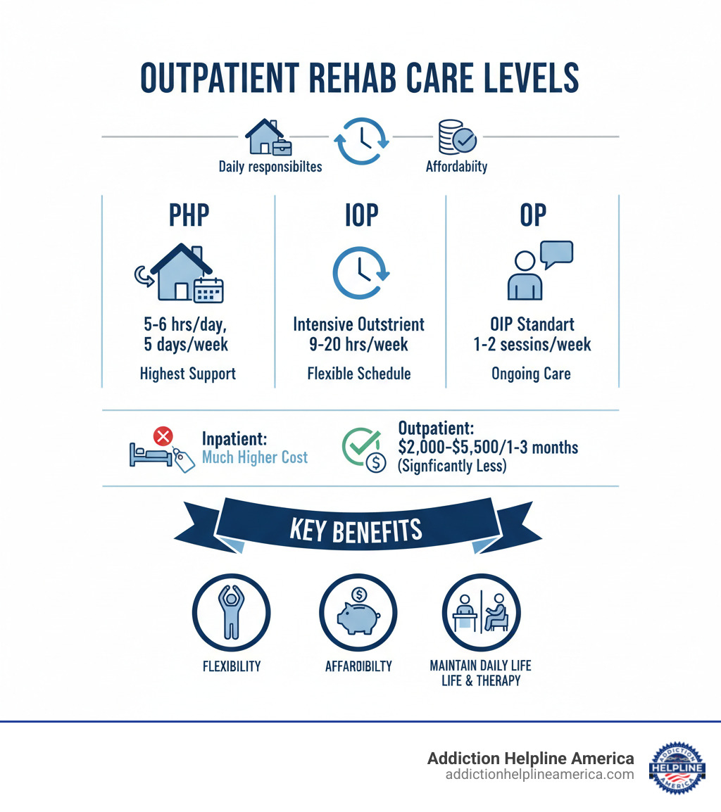 infographic showing three levels of outpatient care with hours per week, cost comparison to inpatient treatment, and key benefits including flexibility, affordability, and maintaining daily responsibilities while receiving professional addiction treatment and therapy - outpatient rehab programs infographic 