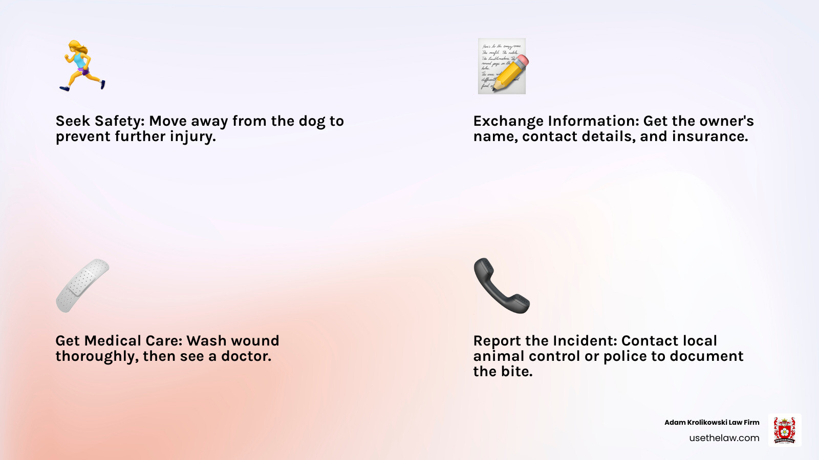 Infographic showing 4 immediate steps after a dog bite: Step 1 - Seek Safety (move away from the dog to prevent further injury), Step 2 - Exchange Information (get the owner's name, contact details, and insurance information), Step 3 - Get Medical Care (wash the wound with soap and water, then see a doctor even if the bite seems minor), Step 4 - Report the Incident (contact local animal control or police to document the bite officially) - dog bite law infographic 4_facts_emoji_light-gradient Infographic showing 4 immediate steps after a dog bite: Step 1 - Seek Safety (move away from the dog to prevent further injury), Step 2 - Exchange Information (get the owner's name, contact details, and insurance information), Step 3 - Get Medical Care (wash the wound with soap and water, then see a doctor even if the bite seems minor), Step 4 - Report the Incident (contact local animal control or police to document the bite officially) - dog bite law infographic 4_facts_emoji_light-gradient