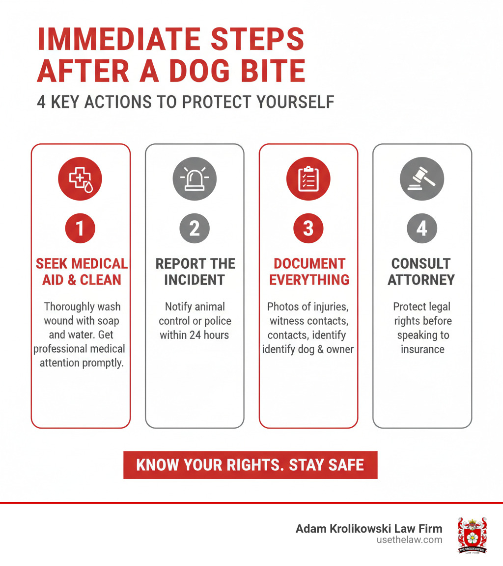 Infographic showing 4 immediate steps after a dog bite: 1. Seek medical attention and clean the wound thoroughly with soap and water; 2. Report the incident to animal control or local police within 24 hours; 3. Document everything - take photos of injuries, get witness contact information, and identify the dog and owner; 4. Consult with a personal injury attorney to protect your legal rights before speaking to insurance companies - Dog bite victims rights infographic Infographic showing 4 immediate steps after a dog bite: 1. Seek medical attention and clean the wound thoroughly with soap and water; 2. Report the incident to animal control or local police within 24 hours; 3. Document everything - take photos of injuries, get witness contact information, and identify the dog and owner; 4. Consult with a personal injury attorney to protect your legal rights before speaking to insurance companies - Dog bite victims rights infographic