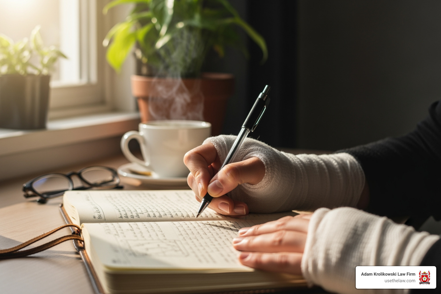 a person writing notes in a journal with a bandaged hand visible - dog bite law a person writing notes in a journal with a bandaged hand visible - dog bite law