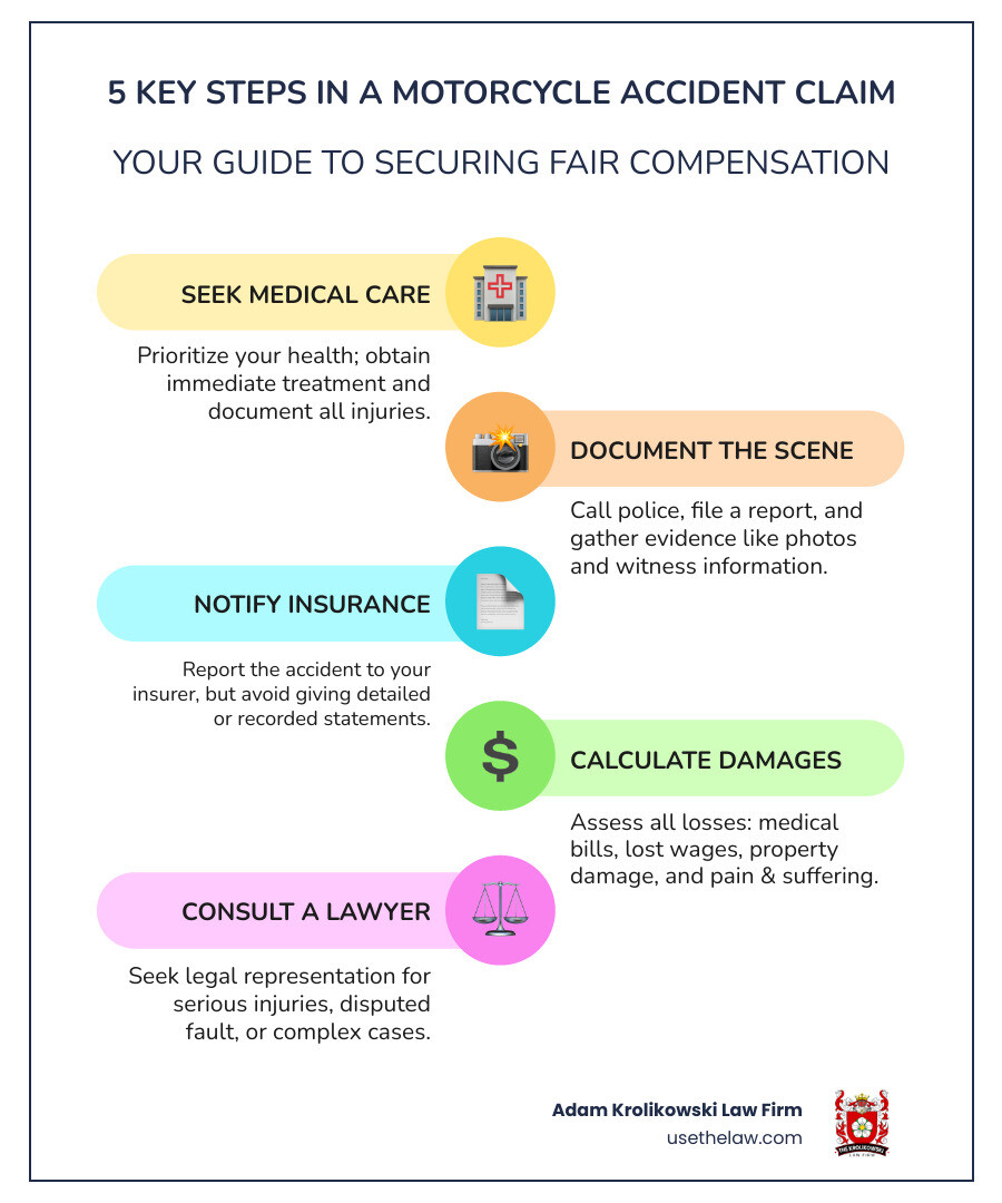 Infographic showing 5 key steps in motorcycle accident claims: 1. Immediate Actions (medical care, police report, scene documentation), 2. Evidence Gathering (photos, witness statements, medical records), 3. Insurance Notification (report claim but limit statements), 4. Damage Calculation (economic and non-economic losses), 5. Negotiation or Litigation (settlement talks or court proceedings) - Motorcycle accident compensation claims infographic infographic-line-5-steps-colors Infographic showing 5 key steps in motorcycle accident claims: 1. Immediate Actions (medical care, police report, scene documentation), 2. Evidence Gathering (photos, witness statements, medical records), 3. Insurance Notification (report claim but limit statements), 4. Damage Calculation (economic and non-economic losses), 5. Negotiation or Litigation (settlement talks or court proceedings) - Motorcycle accident compensation claims infographic infographic-line-5-steps-colors