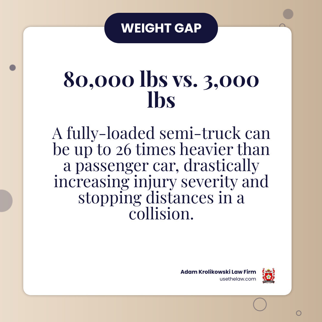 infographic showing the weight difference between a 3,000-pound passenger car and an 80,000-pound fully-loaded commercial semi-truck, with statistics on injury severity and stopping distances - Truck accident lawyer Santa Ana infographic simple-info-card infographic showing the weight difference between a 3,000-pound passenger car and an 80,000-pound fully-loaded commercial semi-truck, with statistics on injury severity and stopping distances - Truck accident lawyer Santa Ana infographic simple-info-card