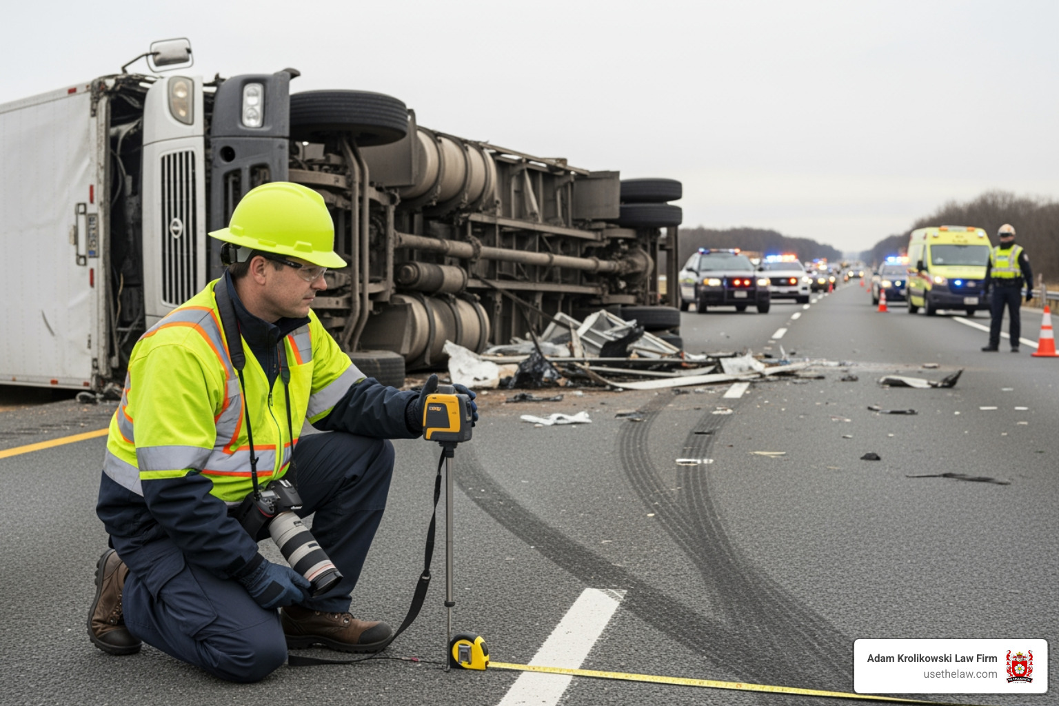 accident reconstruction professional examining a commercial truck crash scene - Truck accident lawyer Santa Ana accident reconstruction professional examining a commercial truck crash scene - Truck accident lawyer Santa Ana