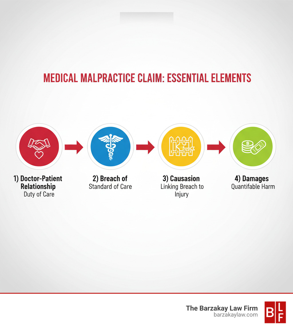 Infographic showing the four essential elements of a medical malpractice claim: 1) Doctor-Patient Relationship (Duty of Care), 2) Breach of Standard of Care, 3) Causation (linking breach to injury), 4) Damages (quantifiable harm). Each element is represented with an icon and brief description, connected by arrows showing the flow of proof required. - how to prove malpractice infographic 
