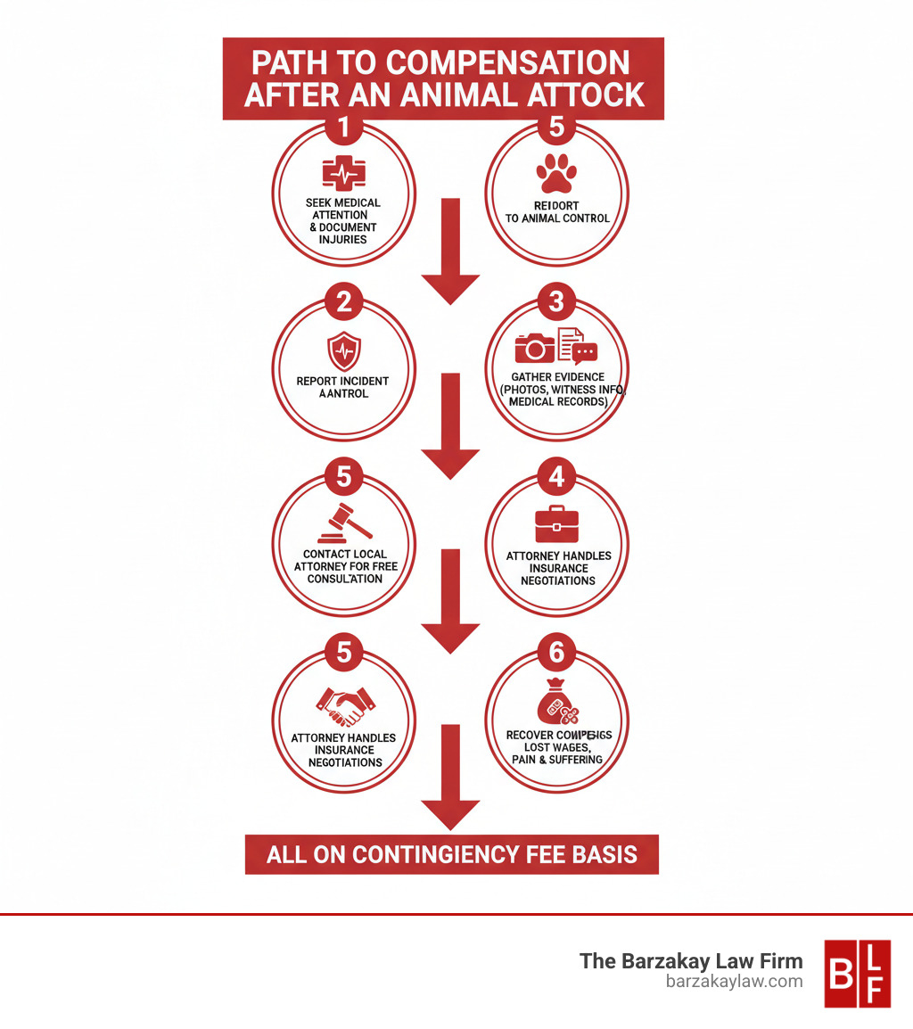 infographic showing the path to compensation after an animal attack: 1. Seek immediate medical attention and document injuries, 2. Report incident to Animal Control, 3. Gather evidence (photos, witness info, medical records), 4. Contact a local attorney for free consultation, 5. Attorney handles insurance negotiations, 6. Recover compensation for medical bills, lost wages, and pain and suffering - all on contingency fee basis - animal attack attorneys near me infographic 