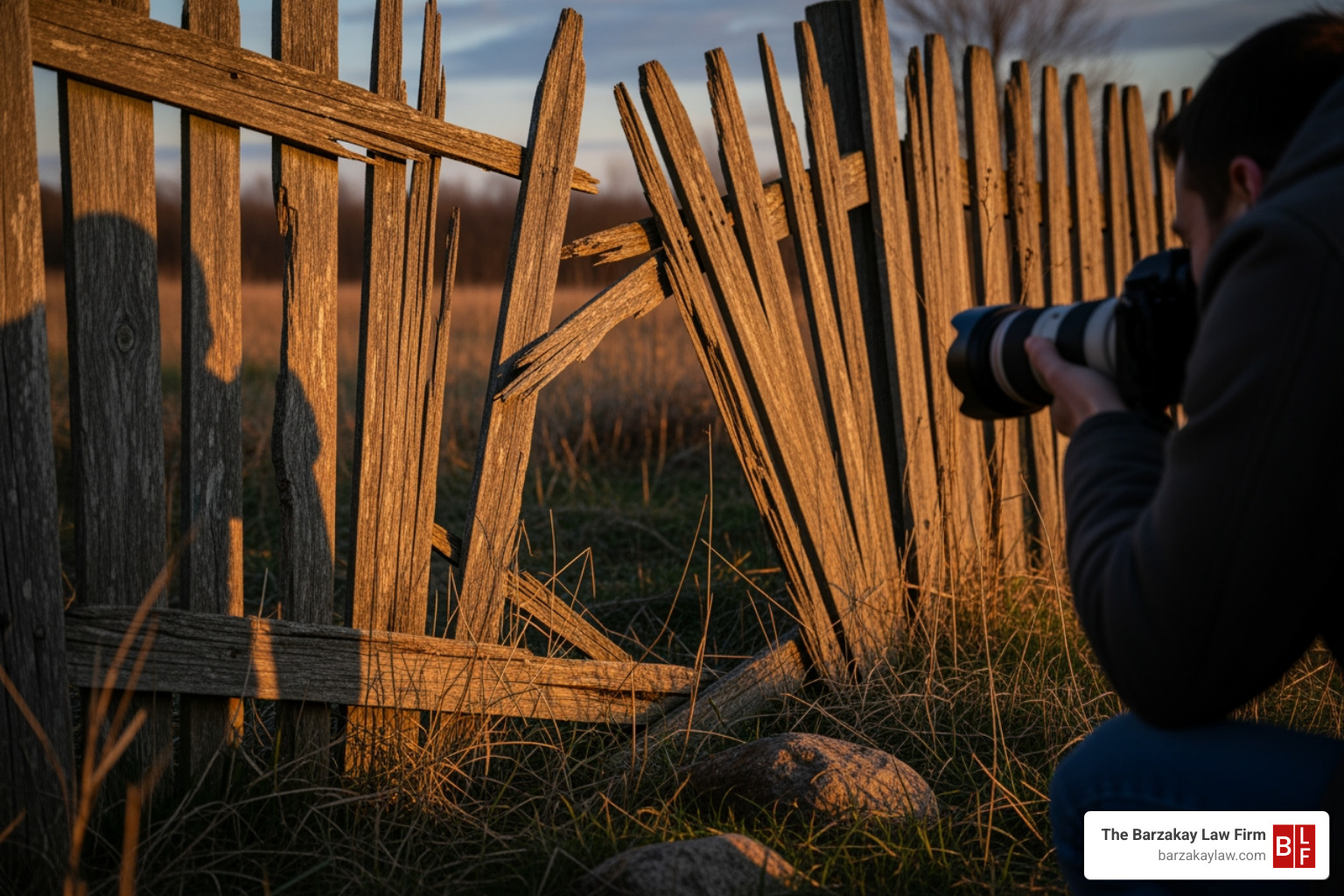 person taking photos of a torn fence - animal attack attorneys near me