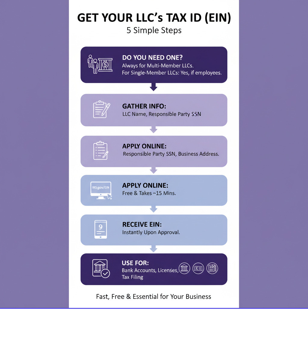 Infographic showing the step-by-step process: 1. Determine if your LLC needs an EIN (multi-member LLCs always need one, single-member LLCs need one if they have employees), 2. Gather required information (LLC name, responsible party SSN, business address), 3. Apply online at IRS.gov for free (takes 15 minutes), 4. Receive EIN immediately, 5. Use for bank accounts, licenses, and tax filing - getting a tax id number for llc infographic 