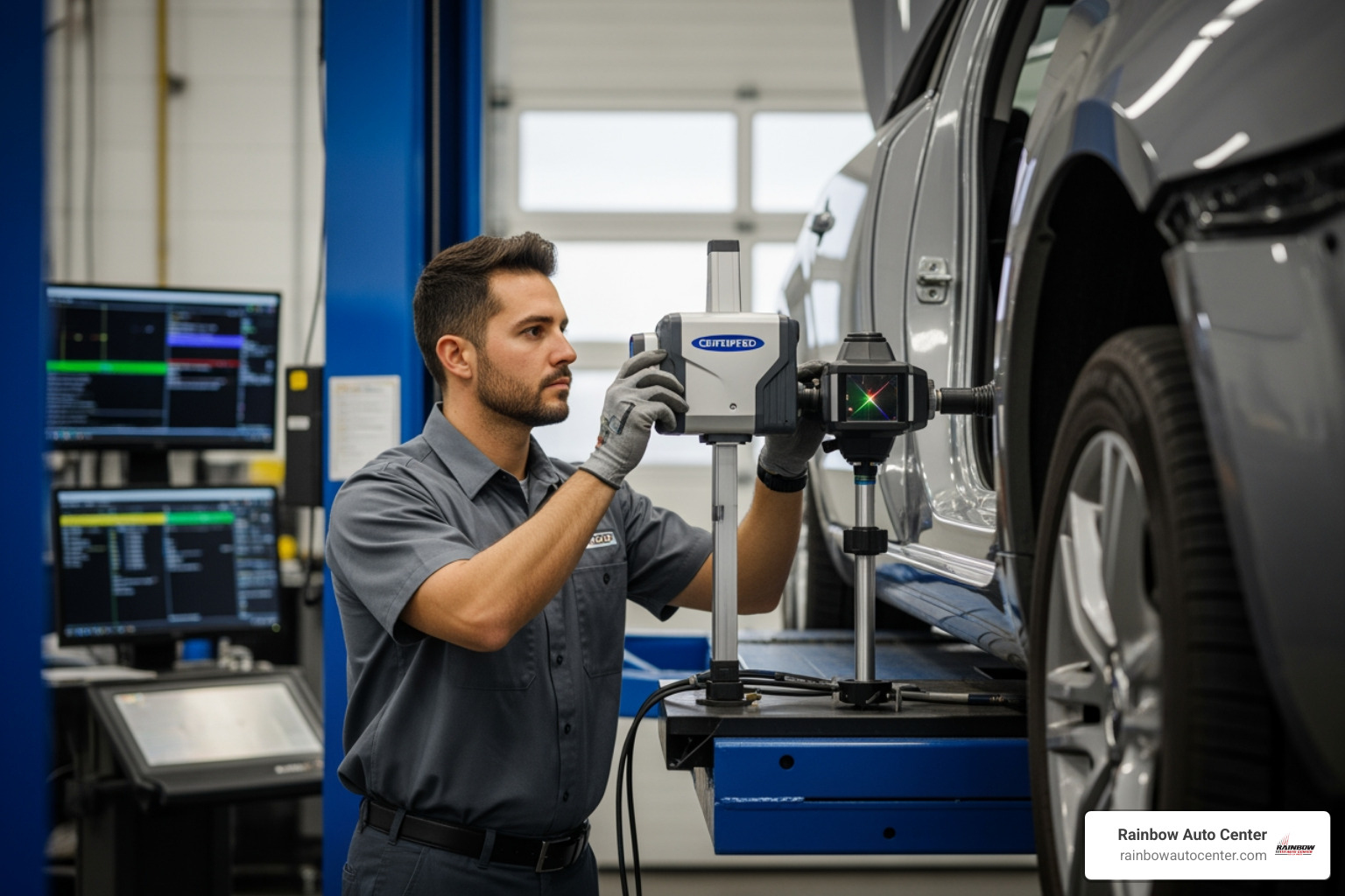 certified technician inspecting a vehicle's frame with advanced equipment - hayward auto body hayward ca
