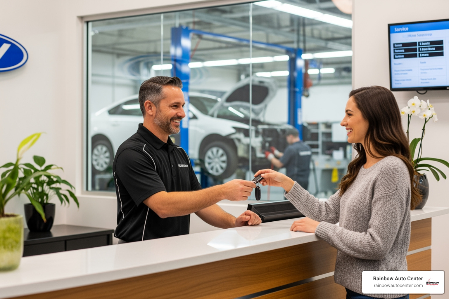 customer receiving keys from a friendly auto body shop manager - hayward auto body hayward ca