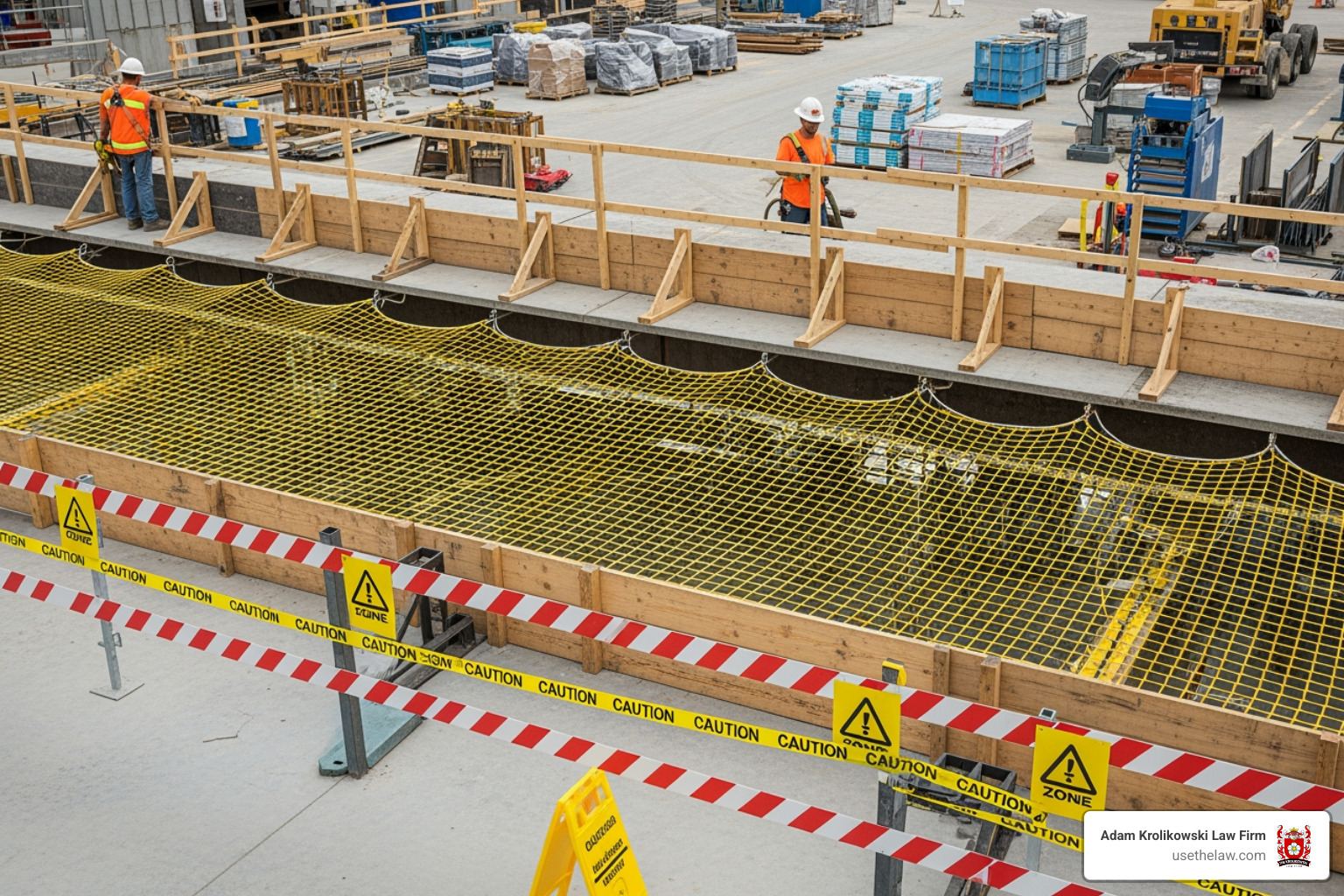 worksite with safety nets, toe boards, and barricaded zones - falling object injury worksite with safety nets, toe boards, and barricaded zones - falling object injury