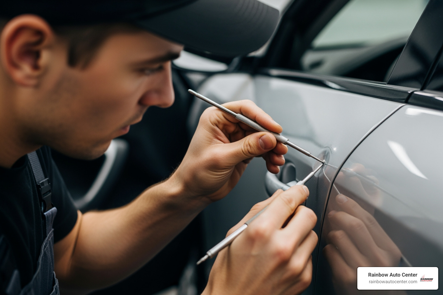 technician performing paintless dent repair on a car door - car crash repairs near me