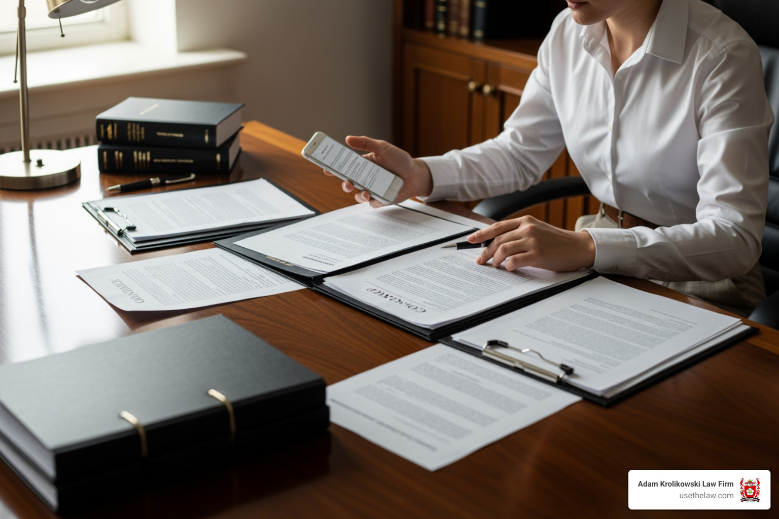 person on phone looking at legal documents - workplace accident claim person on phone looking at legal documents - workplace accident claim