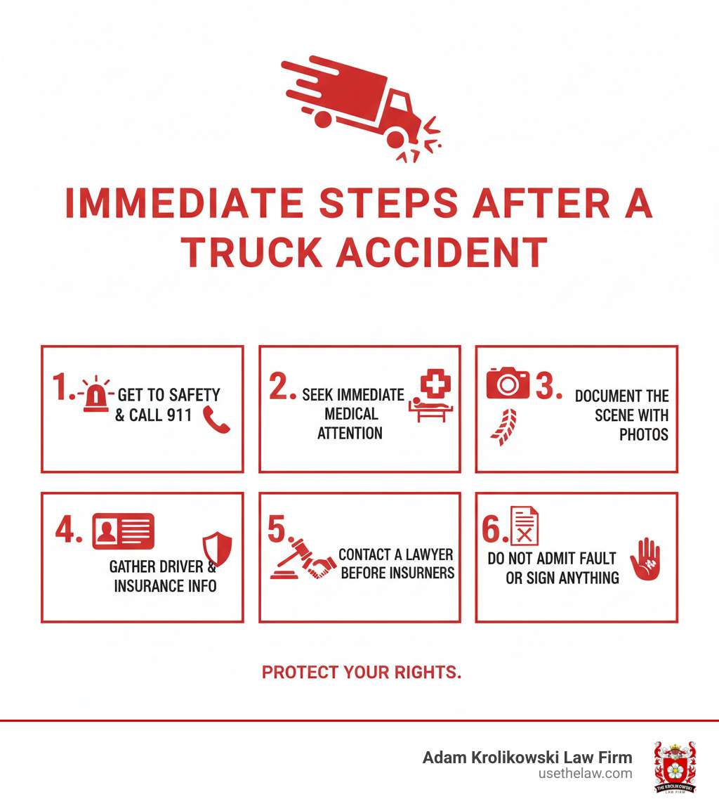 infographic showing immediate steps after a truck accident: 1. Get to safety and call 911, 2. Seek immediate medical attention, 3. Document the scene with photos, 4. Gather driver and insurance information, 5. Contact a lawyer before speaking with insurance companies, 6. Do not admit fault or sign anything - Truck crash injury lawyer infographic infographic showing immediate steps after a truck accident: 1. Get to safety and call 911, 2. Seek immediate medical attention, 3. Document the scene with photos, 4. Gather driver and insurance information, 5. Contact a lawyer before speaking with insurance companies, 6. Do not admit fault or sign anything - Truck crash injury lawyer infographic