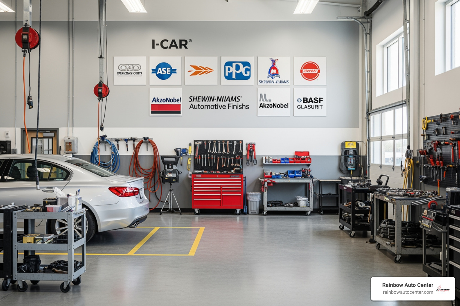 auto body shop with I-CAR certification logos displayed - car crash repairs near me