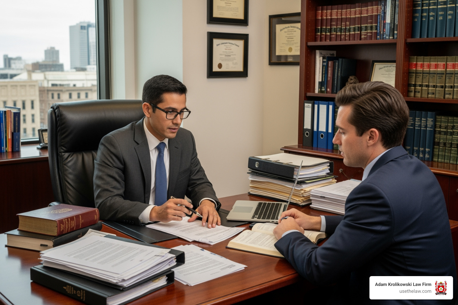 lawyer reviewing documents with client - Truck crash injury lawyer lawyer reviewing documents with client - Truck crash injury lawyer