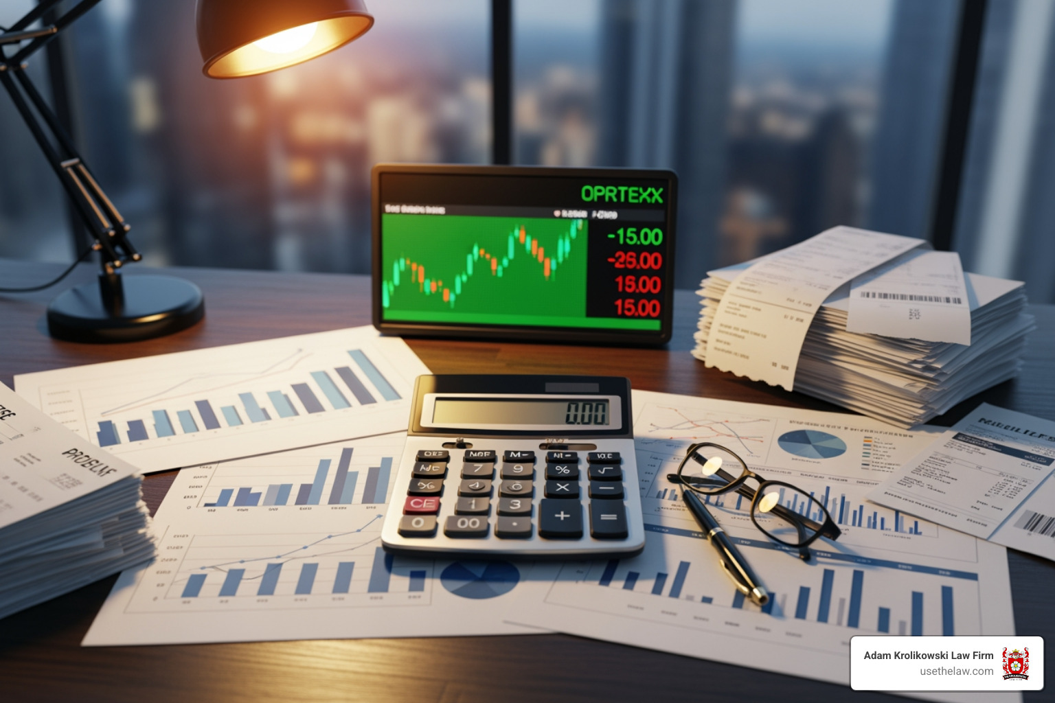 calculator and documents symbolizing financial recovery - Truck crash injury lawyer calculator and documents symbolizing financial recovery - Truck crash injury lawyer