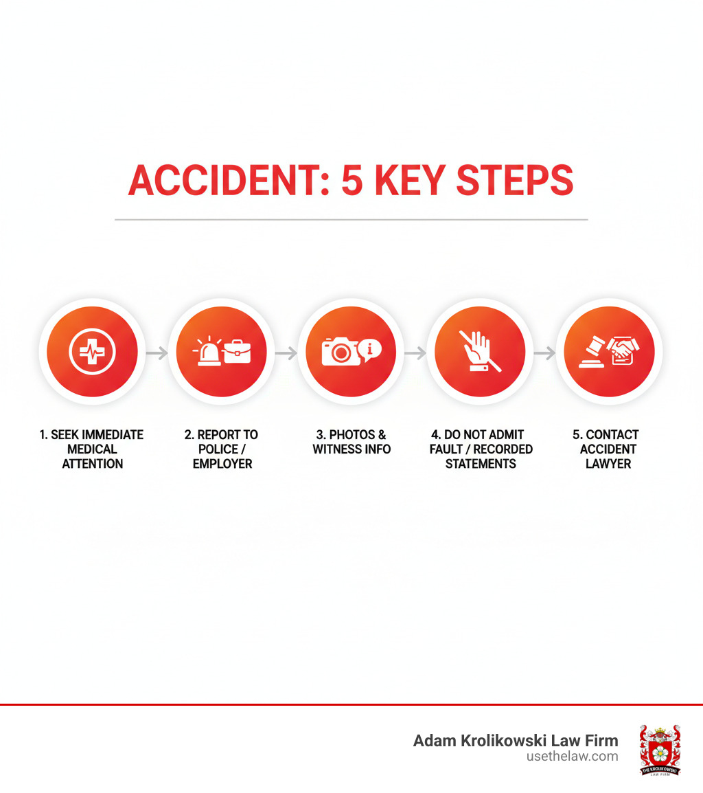 infographic showing 5 key steps after an accident: 1. Seek immediate medical attention 2. Report the accident to police or your employer 3. Take photos and gather witness contact information 4. Do not admit fault or give recorded statements to insurers 5. Contact an accident compensation lawyer before accepting any settlement offers - Accident compensation lawyer infographic infographic showing 5 key steps after an accident: 1. Seek immediate medical attention 2. Report the accident to police or your employer 3. Take photos and gather witness contact information 4. Do not admit fault or give recorded statements to insurers 5. Contact an accident compensation lawyer before accepting any settlement offers - Accident compensation lawyer infographic