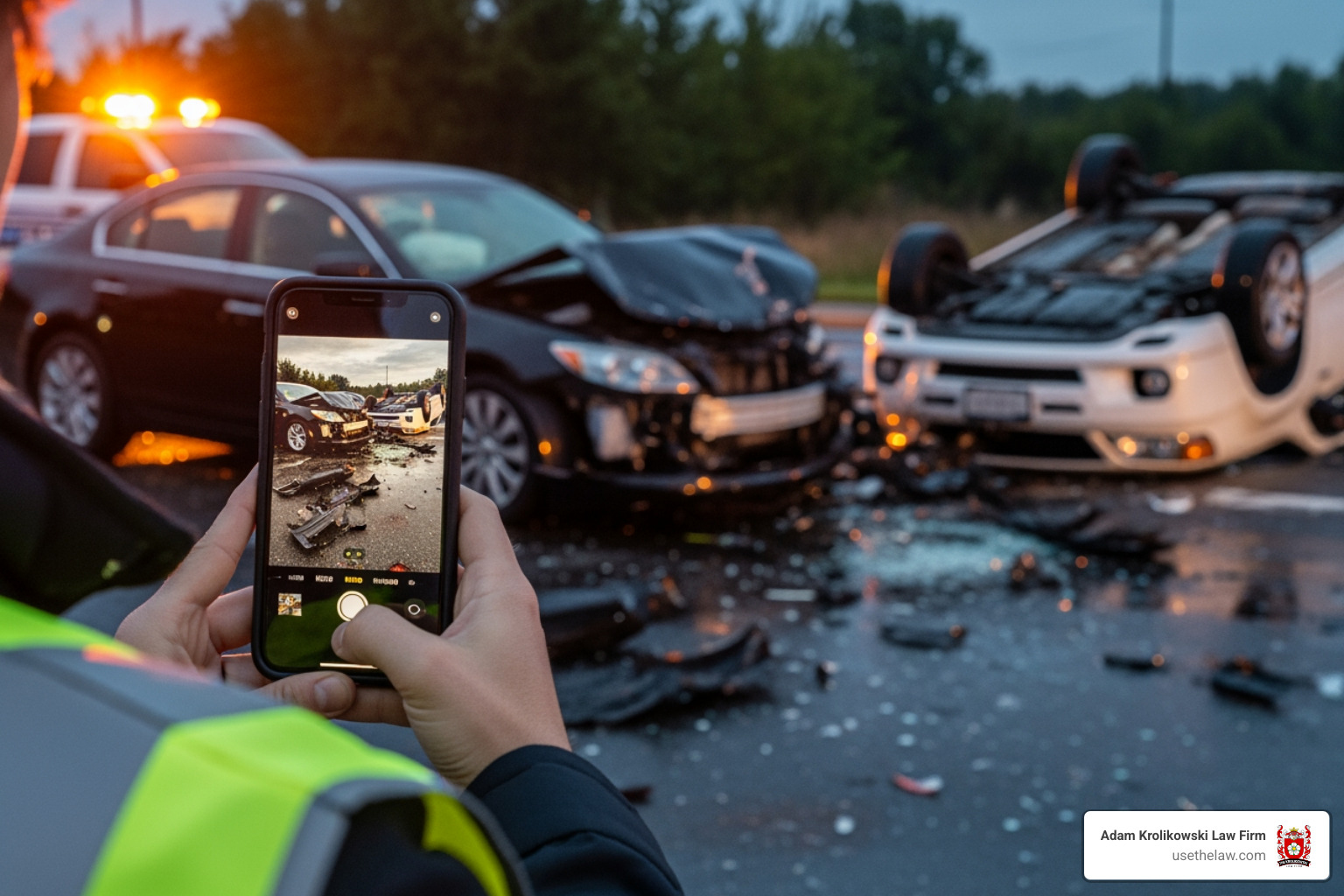 person taking a photo of a car accident scene with their smartphone - Accident compensation lawyer person taking a photo of a car accident scene with their smartphone - Accident compensation lawyer