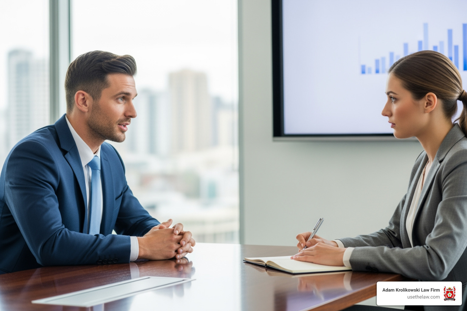 lawyer confidently speaking in a meeting with an insurance adjuster - Accident compensation lawyer lawyer confidently speaking in a meeting with an insurance adjuster - Accident compensation lawyer