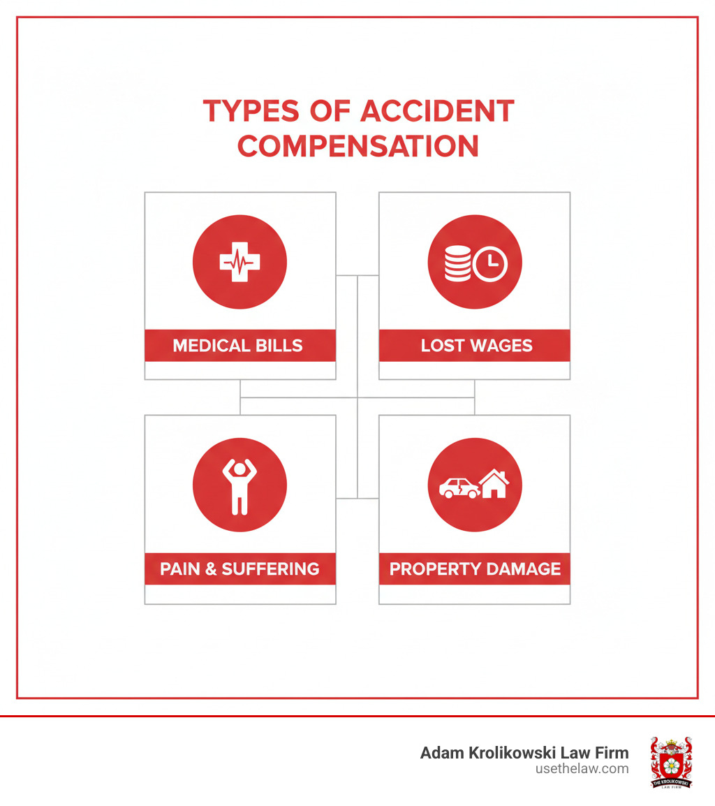 infographic showing different types of compensation: medical bills, lost wages, pain and suffering, property damage - Accident compensation lawyer infographic infographic showing different types of compensation: medical bills, lost wages, pain and suffering, property damage - Accident compensation lawyer infographic