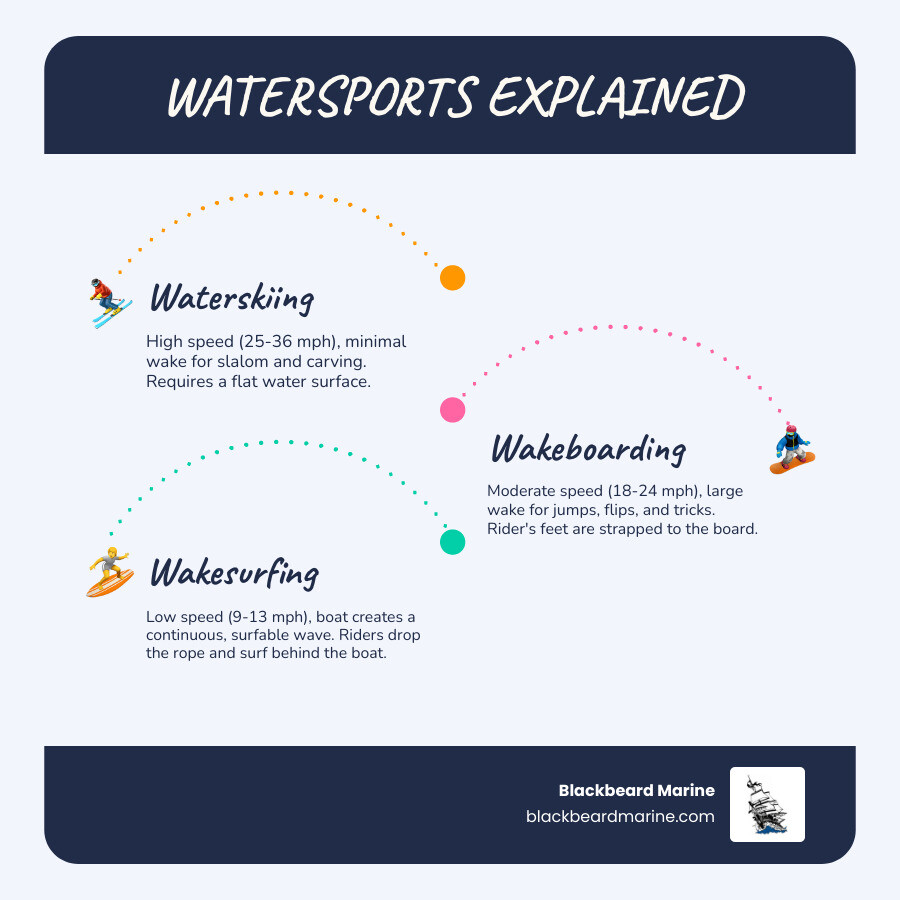 Infographic showing three columns comparing waterskiing (slalom skier behind flat wake), wakeboarding (rider on board catching air off large wake), and wakesurfing (rider close to boat on endless wave) with icons showing boat speed requirements, wake characteristics, and rider positioning for each sport - ski boats for sale infographic infographic-line-3-steps-blues-accent_colors