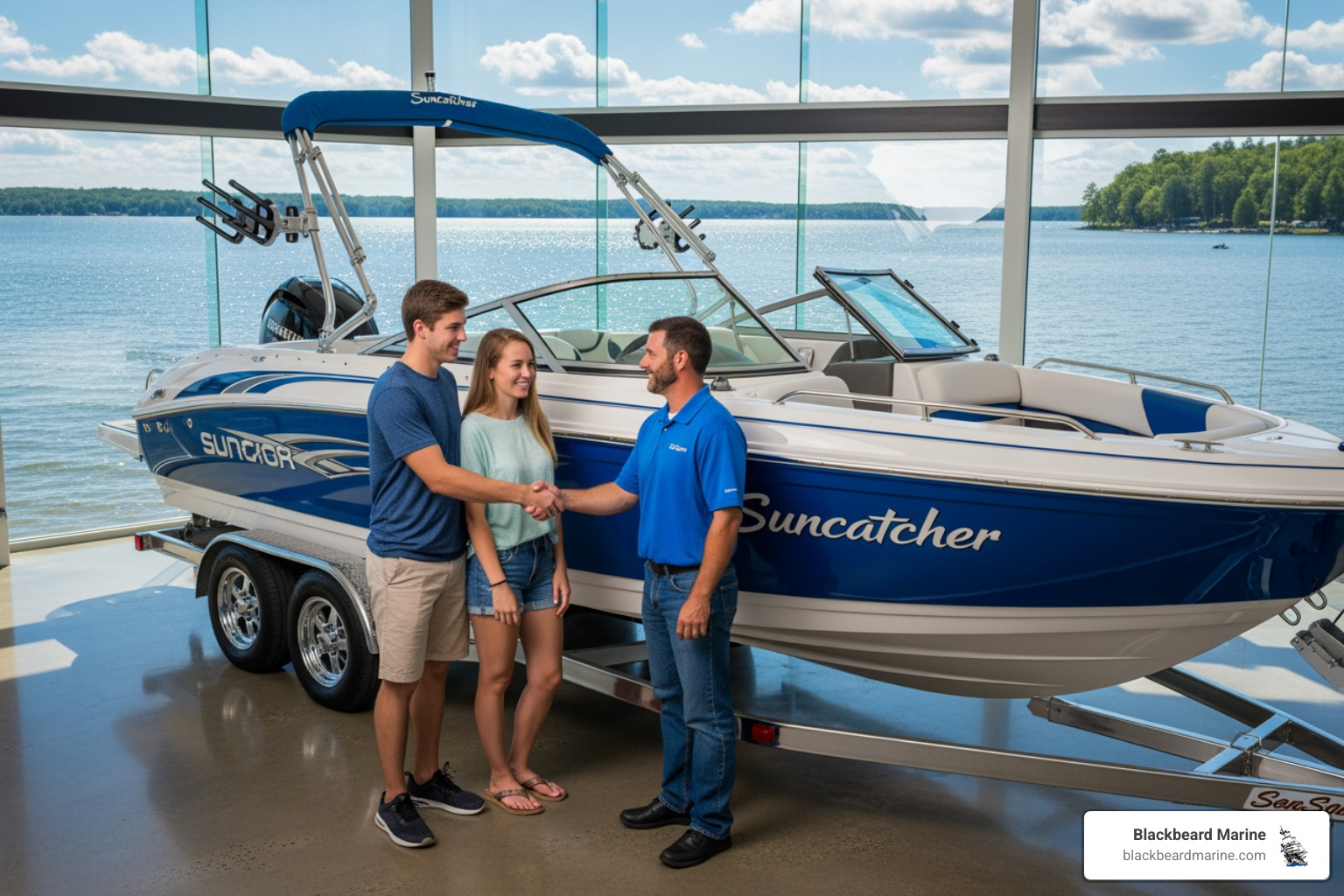 A happy couple shaking hands with a dealer, taking delivery of a new boat - ski boats for sale