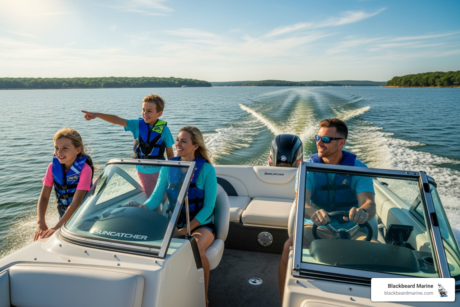 A family enjoying a sunny day on a Suncatcher boat on Lake Texoma - ski boats for sale
