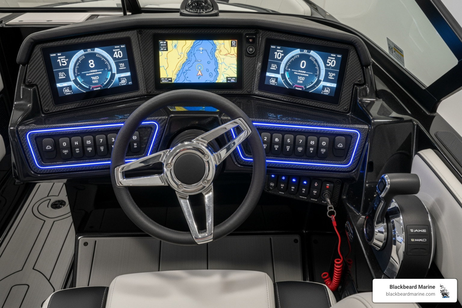 Inside view of a modern boat helm with digital screens and controls - ski boats for sale