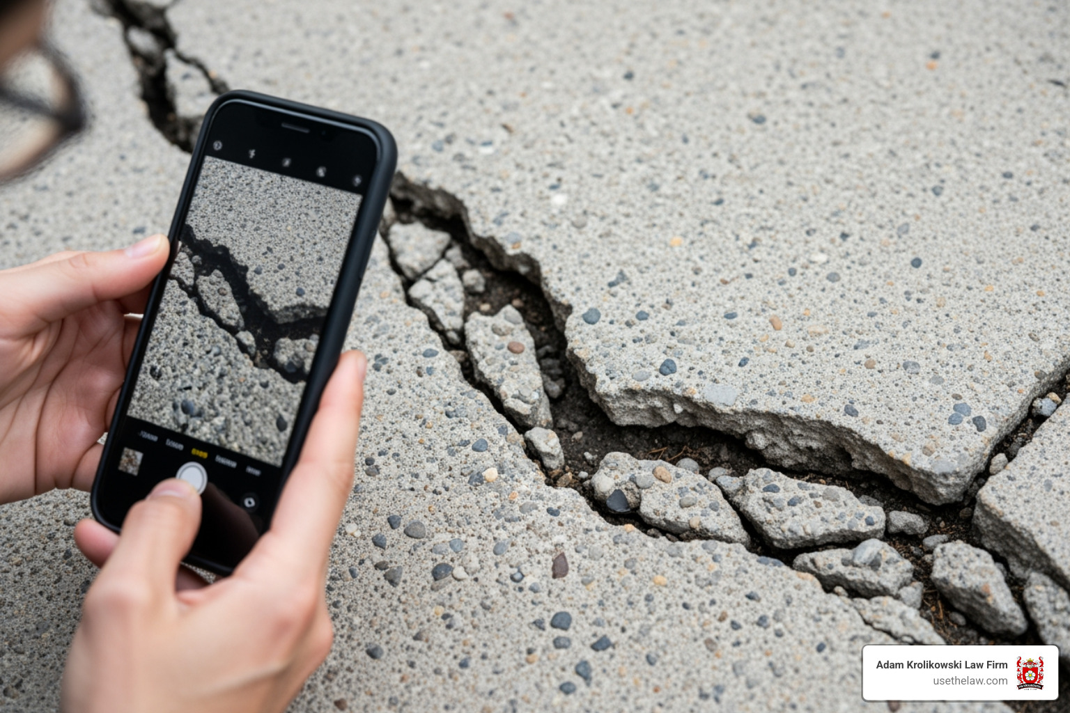 person taking a photo of a cracked sidewalk - premises liability legal advice person taking a photo of a cracked sidewalk - premises liability legal advice
