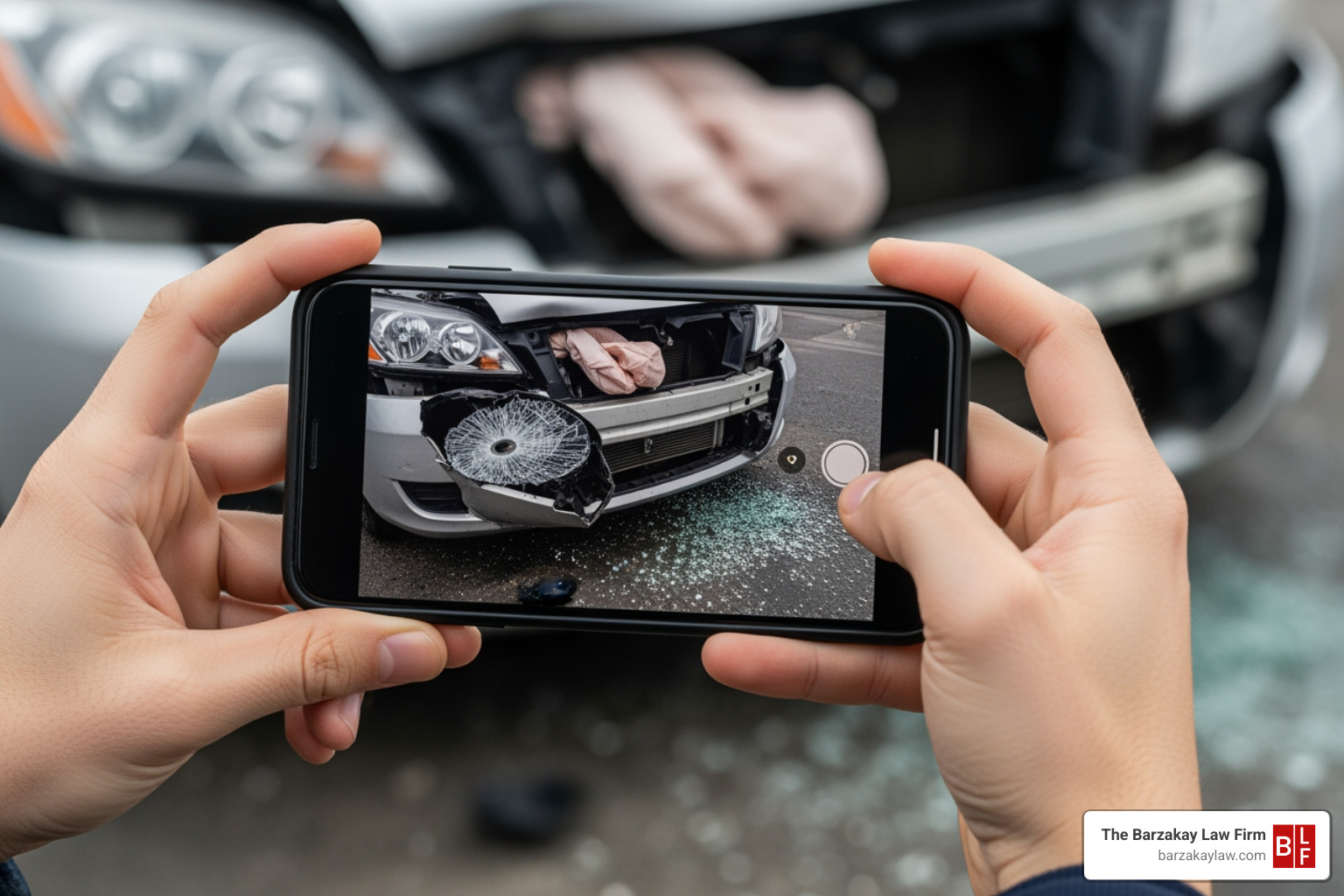 of a person using their phone to take pictures of vehicle damage at an accident scene - truck accident legal help of a person using their phone to take pictures of vehicle damage at an accident scene - truck accident legal help