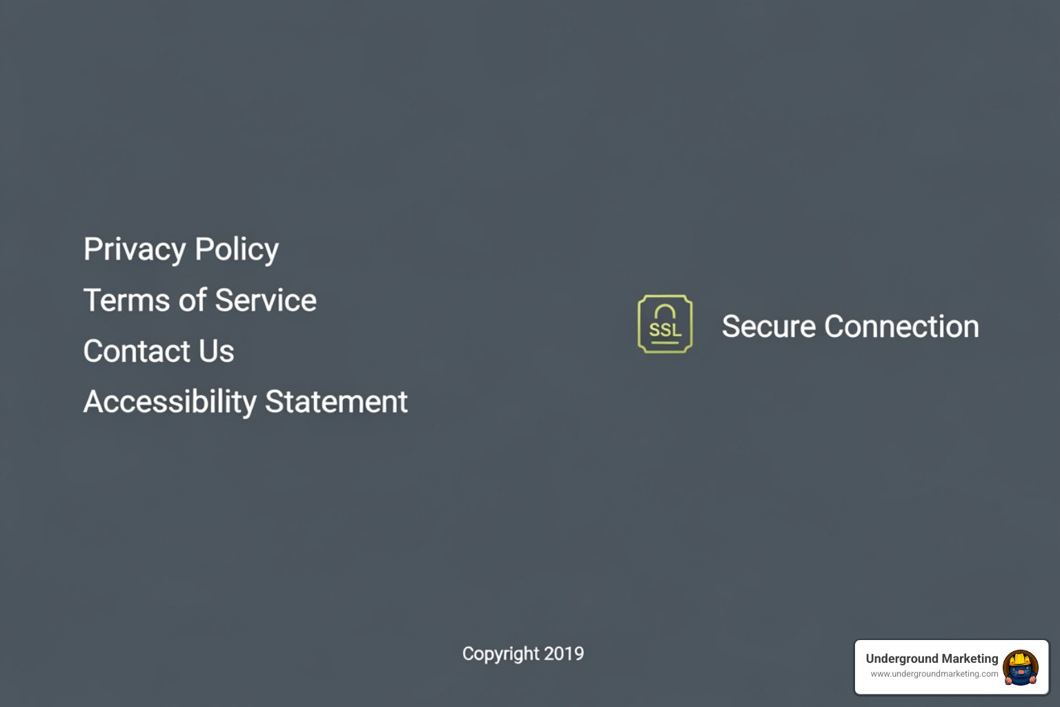 A website footer showing trust signals like a privacy policy link, contact information, an SSL certificate lock icon, and links to terms of service and an accessibility statement. - ways build expertise authority trust boost seo A website footer showing trust signals like a privacy policy link, contact information, an SSL certificate lock icon, and links to terms of service and an accessibility statement. - ways build expertise authority trust boost seo