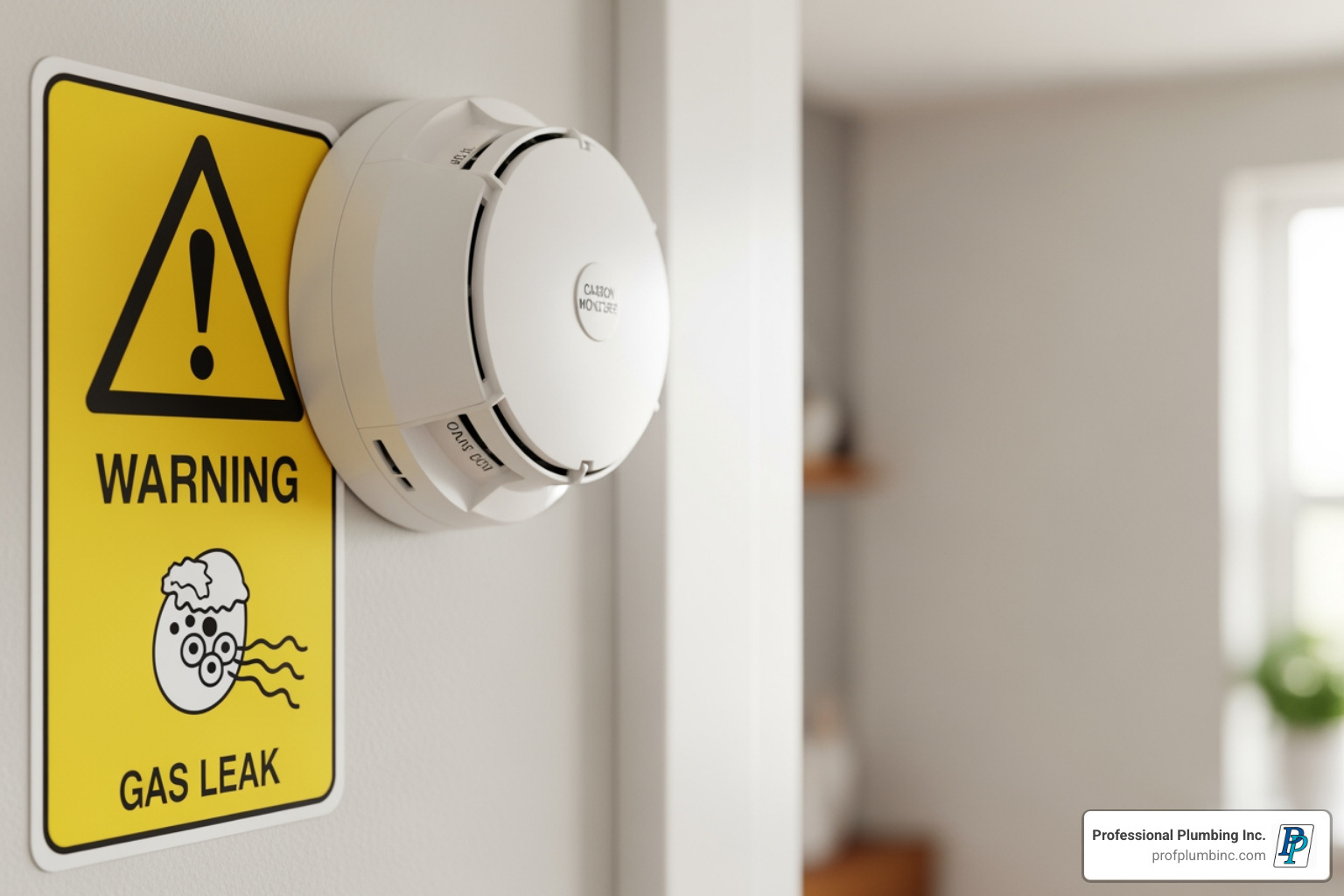 A carbon monoxide detector mounted on a wall, next to a warning sign illustrating the "rotten egg" smell of a gas leak. - natural gas installation